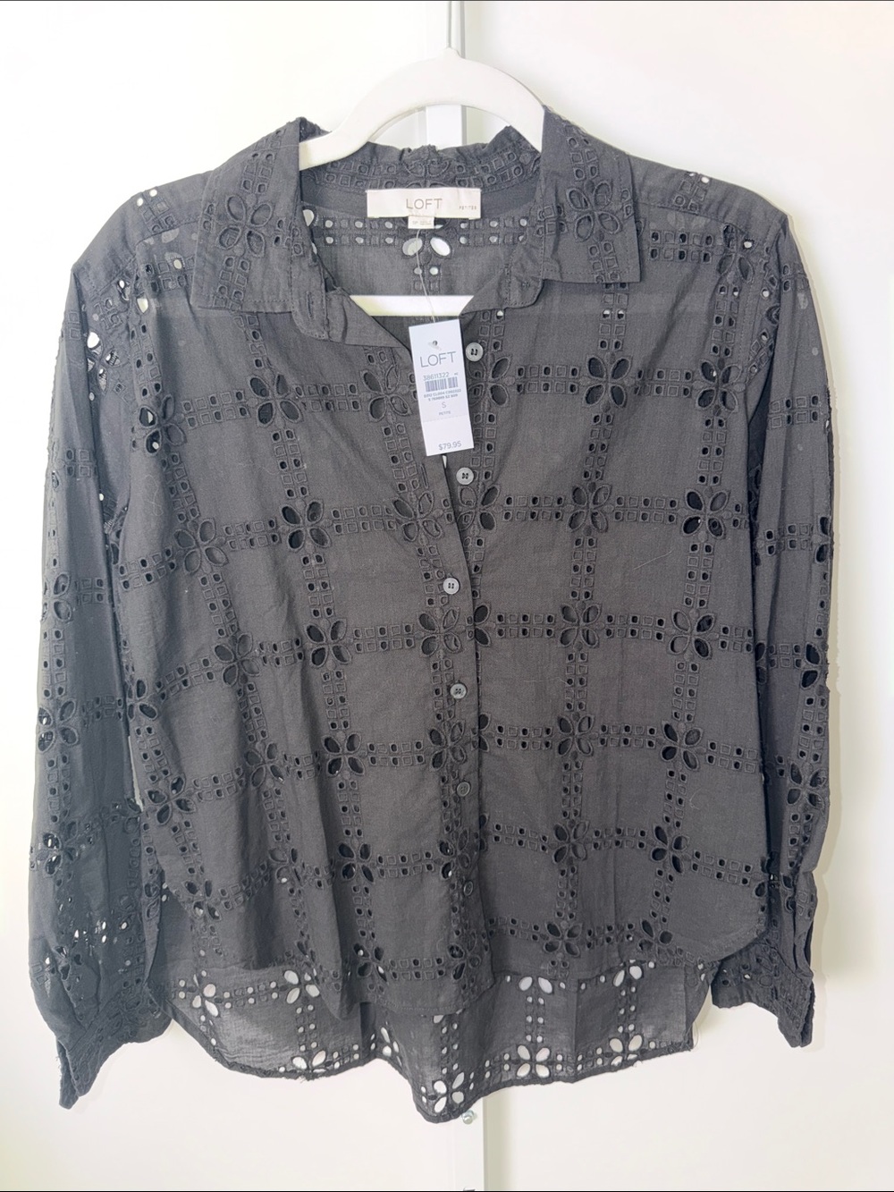 LOFT Charcoal Eyelet Button-Front Blouse